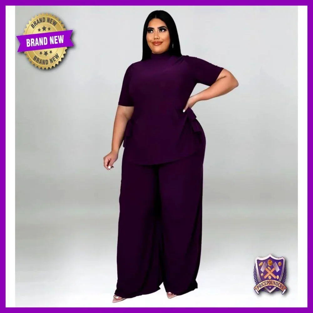 Plus Size Wide Leg Pant Set Short Sleeve Split Shirt Active Sweatsuit